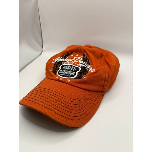 Vintage Y2K Harley Davidson Strapback Cap Hat Orange OSFA Motorcycle Embroidered - Picture 2 of 4